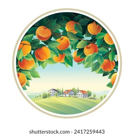 View of the rural landscape with village, through the branches of an apple orchard enclosed in a round frame. Vector illustration