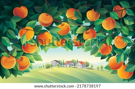 View of the rural landscape with village, through the branches of an apple orchard. Vector illustration.