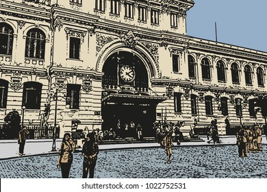 View of Saigon Central Post Office. Vector autotrace illustration