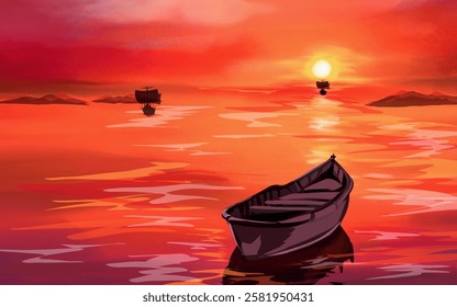 view of sailing ships and small boats on the sea at sunset