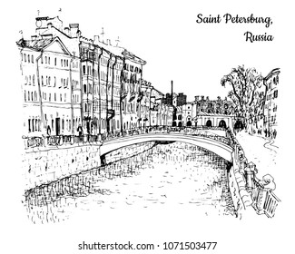 View of Saint Petersburg, Russia. The Griboedov Canal, buildings, bridge. Hand drawn sketchy style ink pen vector illustration.  For postcard design, tourism, travel guidebook, coloring