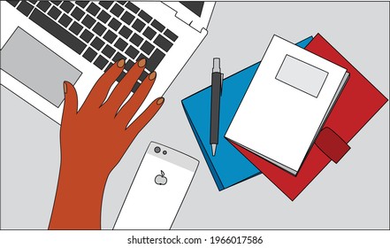 View of sample business desk with notebooks, laptop and phone. 