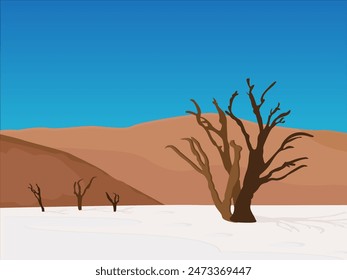 view of sand dunes and dry trees in the desert