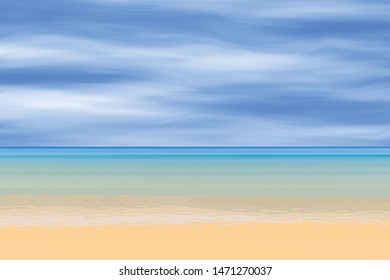 View of the sandy beach of the sea, summer background. Blue sky, sea and yellow sand.