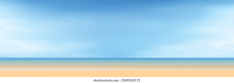 Blick auf den Sandstrand des Meeres, Sommerhintergrund, blauer Himmel, Meer und gelber Sand