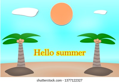 View of sandy beach with two green palm trees on the sea shore and island in summer day blue sky with clouds and sun. illustration vector.