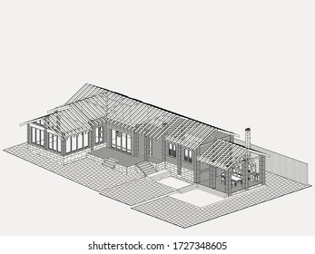 View of the  Sauna and  adjacent barbecue area, bluprint, architectural project. Vector
