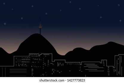View of the scenery of Korea at night with symbol. The unique tower is located on a high mountain.