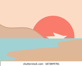 View of the sea bay in a minimalistic style. Contour of the yacht against the background of the sun. Boho decor for prints, posters and interior design. Mid Century modern decor. Vector illustration