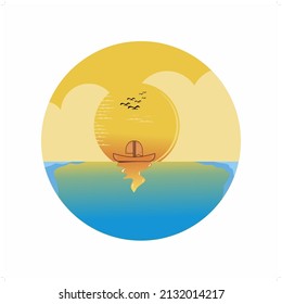 
View of the sea, beach, boat and sunset. Vector ilustration