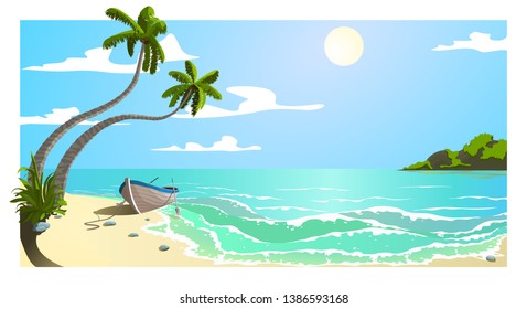 View of the sea coast with palm trees, a rowing boat and an island on the horizon