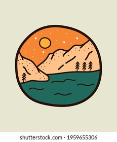 view of sea and hill on the starry night for t-shirt Design, tee design ,patch emblem badge design