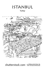 VIEW TO THE SEA OF MARMARA AND HARBOR, ISTANBUL, TURKEY: Panoramic view to the sea from the hills. Hand drawn sketch, illustration. Poster, calendar, postcard