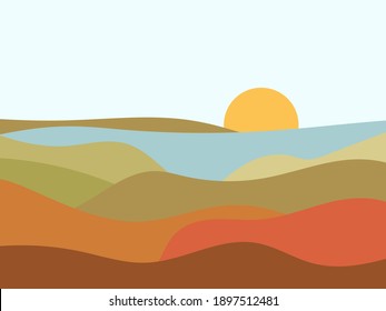 View of the sea from the mountains in a minimalistic style. Seascape in a flat style. Wavy landscape boho decor. Mid Century modern decor. Vector illustration