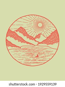 view of sea and mountains on the day in mono line art, Abstract vector illustration, T-Shirt Art, Design Vector