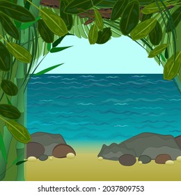 View of the sea from thickets of plants. Beach, stones, pebbles