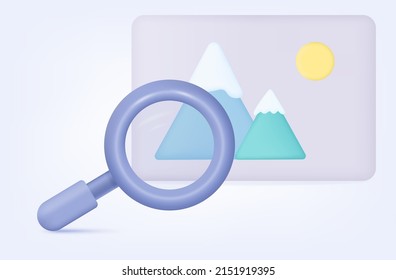 View or search art picture with magnifying glass 3d. Vector illustration. The concept of the study of contemporary art. Gallery with a painted picture. Magnify, focus, detail of the real original.