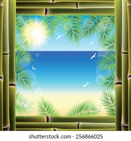 View of the seashore from the resort bungalow window. Vector illustration. 