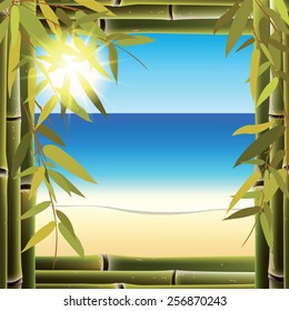 View of the seashore from the resort bungalow window. Vector illustration. 