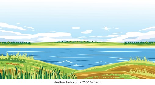 a view of a serene lake surrounded by lush green grass.