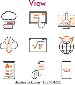 view set. included cloud library, chemistry, student-smartphone, ereader, school, maths, touchscreen, information, click icons. bicolor styles.