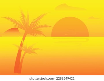 View of the setting sun glowing orange