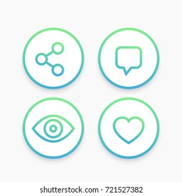 View, share, like, comment line icons in circles