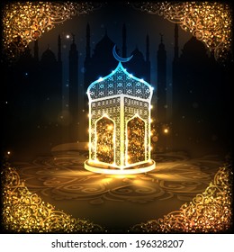 View of a shiny mosque in night background on beautiful golden floral design decorated frame for holy month of muslim community Ramadan Kareem. 