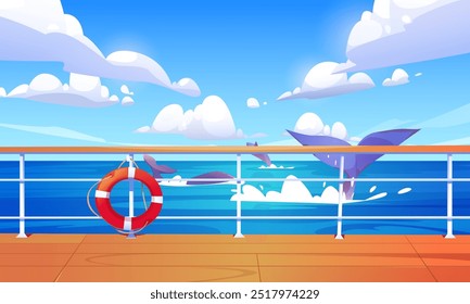 View from ship deck with wooden floor, railing and lifebuoy on sea or ocean with wild whales swimming and jumping in water, showing big tail. Cartoon vector seascape for cruise trip concept.