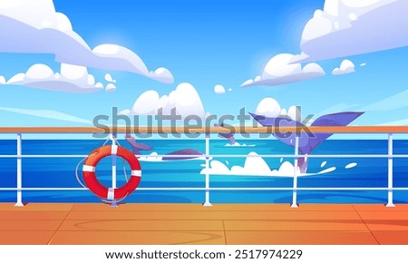 View from ship deck with wooden floor, railing and lifebuoy on sea or ocean with wild whales swimming and jumping in water, showing big tail. Cartoon vector seascape for cruise trip concept.