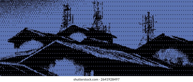 The view showcases a city skyline as twilight descends. Rooftops with intricate designs stand out, adorned with communication towers.   Bitmap y2k zine bg. 