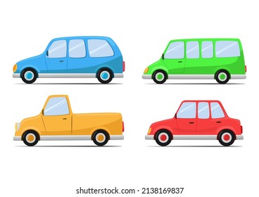 view side cartoon car set. suv and hatchback, pickup and sedan. Isolated vector icons