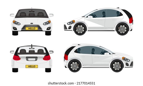 View from side, front, back, top, Car vector template on white background. Hatchback isolated. Vector.