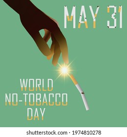 View of silhouette hand dropping cigarette isolated on green background. World No Tobacco day concept. Vector illustration.