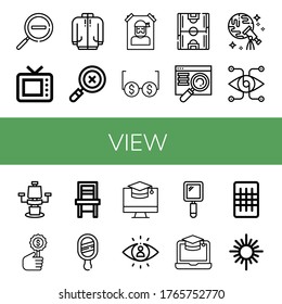 view simple icons set. Contains such icons as Zoom out, Old tv, Long sleeve, Search, Wanted, Glasses, Soccer field, Searching, Discovery, can be used for web, mobile and logo