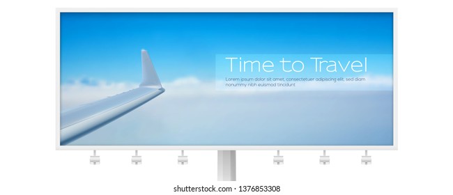 View of the sky and wing of the aircraft from the window. Air transport in the blue clear sky on billboard isolated on white. Time to travel. Realistic vector 3d illustration for travel agency
