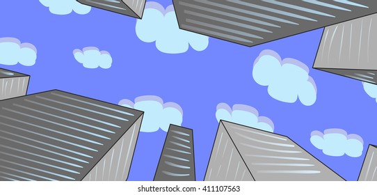 View of skyscrapers from a pedestrian review. Look below. High skyscrapers on a background of blue sky. vector illustration