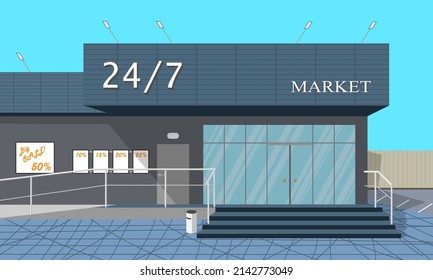 View Of A Small Convenience Store Near The Road. Vector Illustration.