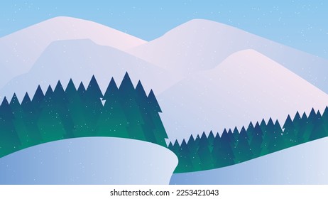 VIEW OF SNOW MOUNTAIN AND PINE FOREST ON STEEP CLIFF es una ilustración vectorial que muestra el paisaje
montañas de nieve. Además de los bosques de pino que se encuentran al borde de un acantilado escarpado.
