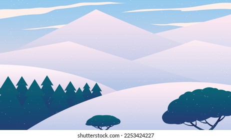 ANSICHT VON SCHNEEBERGEN UND KINDERWALD ist eine Vektorgrafik, die eine Ansicht zeigt
Berge mit dicken Schnee bedeckt und es gibt auch schattige Pinienwälder.