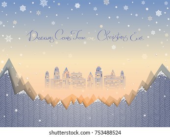 View from the snow-capped mountains to the cityscape in the misty morning. Winter Christmas mood. Pleasant warm pastel colors. Vector illustration, paper imitation of volume and Styrofoam snow. 