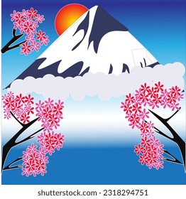 the view of the snow-covered mountains of cherry blossoms in bloom