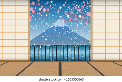 view of snowfall at fuji mountain in japanese