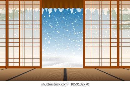 view of snowfall at the wooden house in japanese