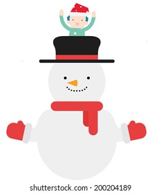 The view of snowman with boy 