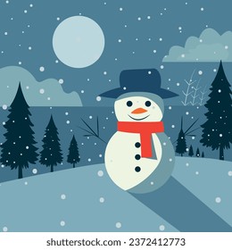 View of snowman with winter landscape and snow