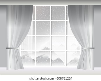view of snowstorm and mist on mountain in room