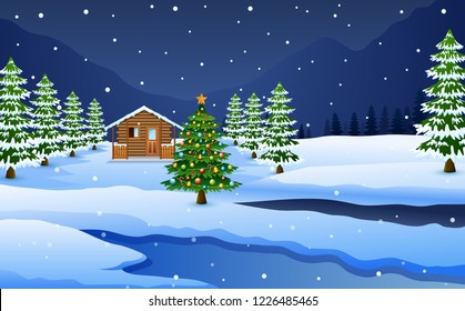 View of snowy wooden house and Christmas tree decoration