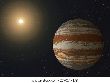 A view of the solar system, with the planet Jupiter in close-up and the sun in the middle of the infinite space of the universe.