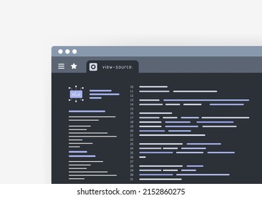 View Source Code Using View Page Source In Internet Browser. HTML And CSS Webpage Code Viewer For Web Development And Programming Concept.